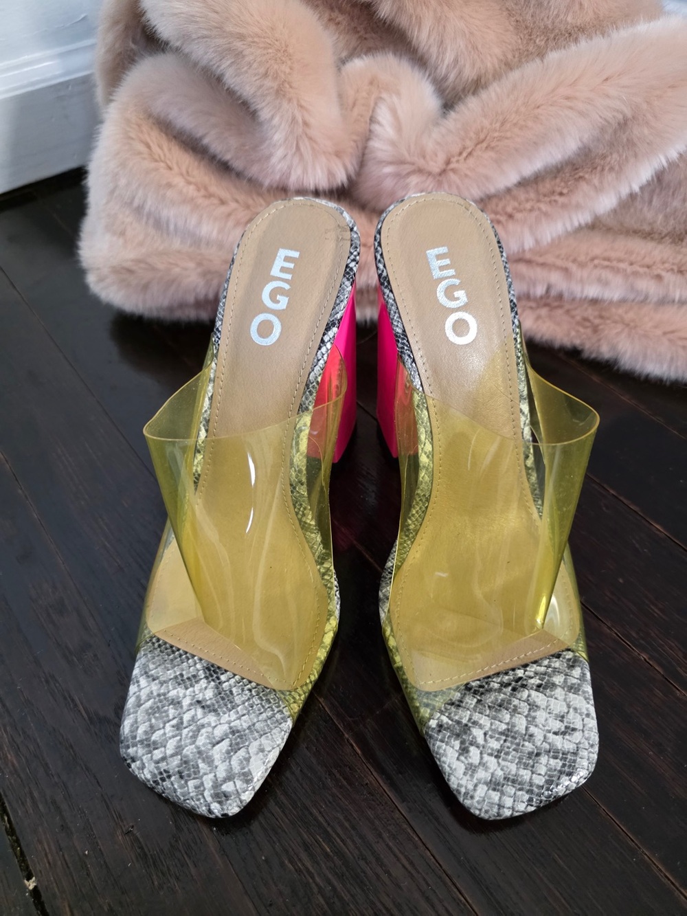 EGO Yellow Clear Mule with Pink Block Heel and Snake-Print Footbed